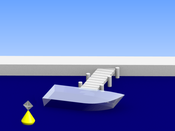bateau en stationnement montrant 1 feu ordinaire blanc visible de tous côtés à la poupe et à la proue du côté du chenal